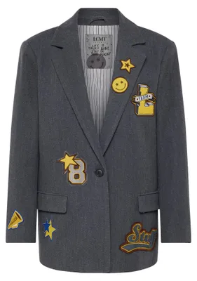 Produktbild von Graue College-Jacke mit aufgestickten Patches, weit geschnitten, Reverskragen, Größe 38