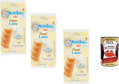 Produktbild von Mulino Bianco Flauti Latte 3x280g, gefüllte Milchbrötchen mit 100% italienischer Milch, ohne Palmöl, ideal für Frühstück & Snack + Italian Gourmet polpa