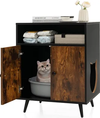 Produktbild von COSTWAY Cat Cabinet Litter Box, kočičí domek s dvojitými dveřmi a vchodem a otevřenou policí, Cat Den Litter Box Cabinet, kočičí nábytek, pro kočky psy Pet, Brown+Black