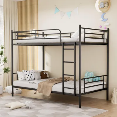 Productafbeelding van Stapelbed 90 x 190 cm, Kleur zwart, Staal, Opbergtrap, Veiligheidshek, Stabiele constructie, Ruimtebesparend ontwerp