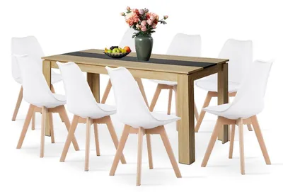 Image de Ensemble de salle à manger comprenant une table rectangulaire en chêne et noir de 160 cm, ainsi que 8 chaises blanches