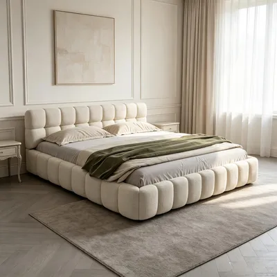 Produktbild von INONEFT Bubble Bett Polsterbett 160x200cm, Doppelbett mit gepolstertem Kopfteil, Jugendbett mit Lattenrost und Rückenlehne, Flachbett, Leinen, Beige