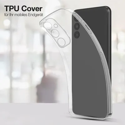 A clear phone case is shown on a table with a phone inside it.