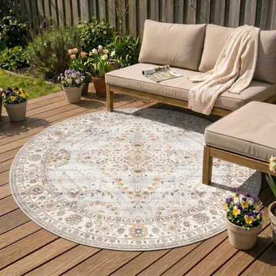 Produktbild von Volero - Vintage Gartenteppich Rund - Santo Flora Hellgrau - Ø 200 cm - Balkon, Garten / Terrasse - Orientalisch