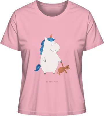 Produktbild von Mr. & Mrs. Panda Kurzarmshirt Damen Einhorn Teddy Größe S - Baumwolle Pink - Geschenk, T-Shirt, schlafen, Basic Shirt, Gute Nacht, Oberteil, Sommershirt, Unicorn, Freundin