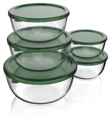 Produktbild von Arendo Salatschüsselset Glas 5-teilig mit Deckeln, Glasschüsseln 1000, 1500, 2000, 2700 und 4400 ml, Borosilikatglas, hitzebeständig, spülmaschinengeeignet, transparent/grün