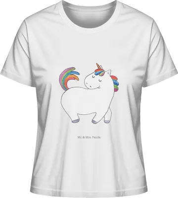 Produktbild von Mr. & Mrs. Panda Shirt Damen Einhorn Stolzieren Größe M - Weiß - Geschenk, Motiv, Reiten, Einhörner, Unicorn, Oberteil, Baumwoll T-Shirt, Stolz, Pferd, Basic