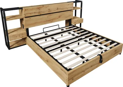 Produktbild von okwish Holzbett 160×200 mit Hydraulisches Stauraum,Doppelbett mit Kopfteil und USB&Type-C Ladeanschluss,Stauraumbett mit Holzlatten, Eichenfarbe (Ohne Matratze)