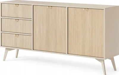 Produktbild von Sideboard mit 2 Türen WOOD - Kommode mit 3 Schubladen - Holzbeinen, Modern Design - Gold Aluminium Griffen - Beige