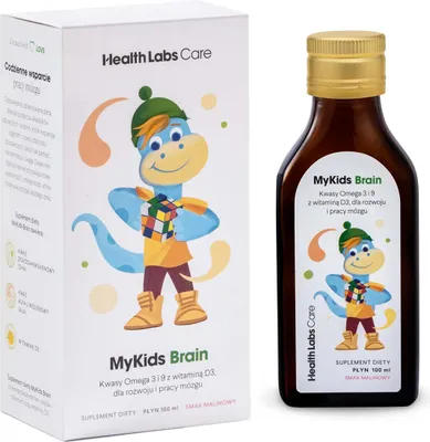 A product box and bottle of HealthLabs MyKids Omega 3 & 9 with Vitamin D3 for children.