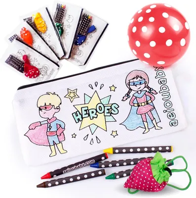 Productafbeelding van 25 Etuis om in te kleuren + Herbruikbare draagtas | 25 Individuele zakjes met 5 wax kleurpotloden en ballon