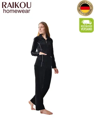 Produktbild von RAIKOU Damen Baumwolle Schlafanzug 44/46 Velours Freizeitanzug mit Reißverschluss Schwarz