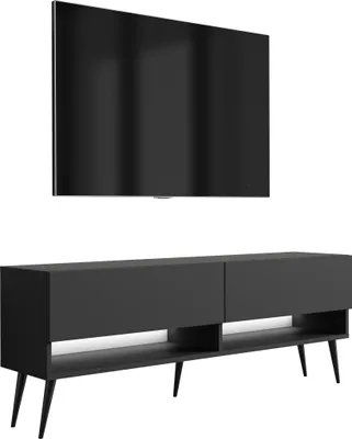 Obrázok produktu pre Nízka TV skrinka 140 cm matná čierna, čierne šikmé nohy, biela LED, 140 × 32 × 52 cm