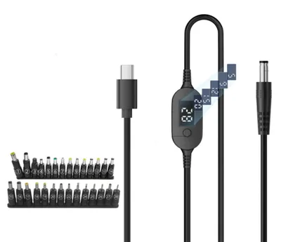 Obrázok produktu pre INF USB-C na DC kábel 1m s nastaviteľným napätím a digitálnym displejom, 28 adaptérov, PD3.1 140W (28V5A), čierny