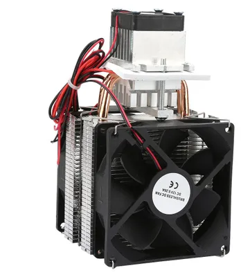 A close-up studio shot of a thermoelectric cooler.