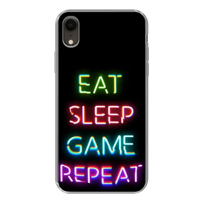 Produktbild von MuchoWow® Handyhülle Schutzhülle Hülle für iPhone XR Gaming - Led - Zitat - Eat sleep game repeat - Gaming Silikon Softcase Handy Hülle - Schutzdeckel