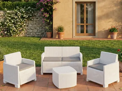 Produktbild von Outdoor-Lounge-Set Dbalestrer, Gartenkomposition mit 2 Sesseln, 1 Sofa und 1 Aufbewahrungstisch, Rattan-Effekt mit Kissen, 100 % Italy, Weiß