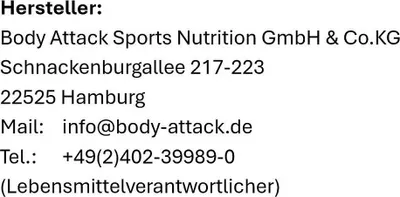 Produktbild von Body Attack 7423-22, Pulver, Molkenproteinkonzentrat, Schokolade, L-Alanin, L-Arginin, L-Asparaginsäure, L-Cystein, L-Glutaminsäure, L-Glutamin, L-Glycin,..., 20,6 g, 494 kcal