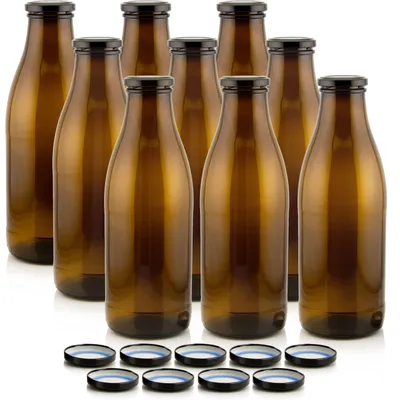 Milch Glasflaschen braun im Set mit 9 Flaschen und Ersatzdeckeln schwarz