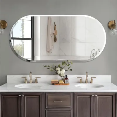 Image de Miroir ovale allongé - Miroir mural - Miroir de salle de bain - Miroir sans cadre - Bord biseauté - 100x50 cm
