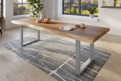 Produktbild von Baumkantentisch 280 x 110 cm Esstisch massiv Akazie Natur U-Gestell Silber TITAN