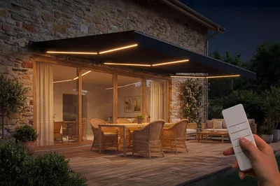 Produktbild von FAZZIO 6x3m Halbkassetten-Markise mit motorisierter LED-Beleuchtung, grau, grauer Stoff