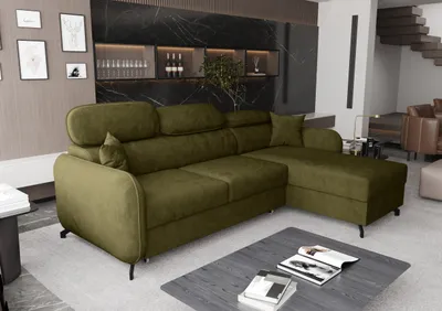 Image de AX LIVING Canapé d'angle avec fonction sommeil Ribella 5 L-forme 265cm, velours vert olive droite
