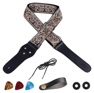 Produktbild von Gitarrengurt mit Stickerei, verbreiterter, verstellbarer Schultergurt mit Plektren für Akustikgitarre, E-Gitarre und Bass, Braun