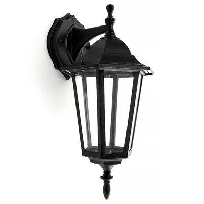 A black outdoor wall lantern is shown against a white background.
