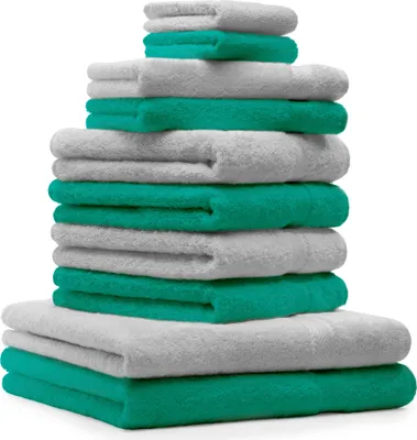 Produktbild von Betz 10-tlg. Handtuch-Set PREMIUM 2 Duschtücher 4 Handtücher 2 Gästetücher 2 Waschhandschuhe Farbe: smaragdgrün & silbergrau
