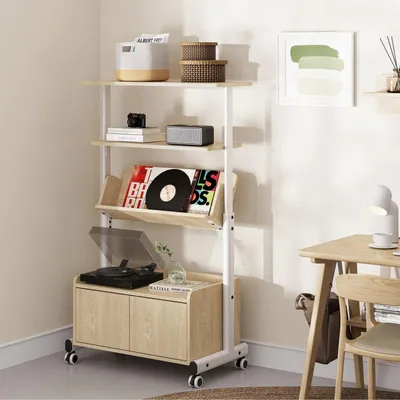 Zdjęcie produktu dla Regal na książki na kółkach, 4 półki, wymiary: 79 x 41,4 x 131 cm, kolor: dąb