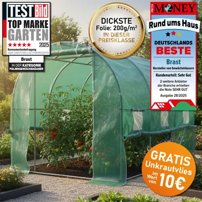 Produktbild von BRAST Gewächshaus Foliengewächshaus mit Stahlfundament | 2x3m | inkl. Erdanker Unkrautvlies & aufrollbare Seitenwände mit Moskitonetz | UV-stabilisierte Gitterschutzfolie 200g/m²