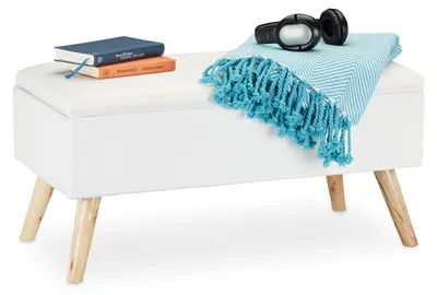 Sitzbank mit Stauraum, mit Kissen, Holzbeinen, 39,5 x 79,5 x 39,5 cm, Weiß