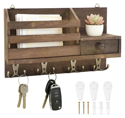 Produktbild von Vintage-Schlüsselbrett aus Holz mit Briefablage, Haken und Schublade, Wandschlüsselhalter für den Flur, Hängeschlüsselhalter für den Eingangsbereich, Schlüsselring