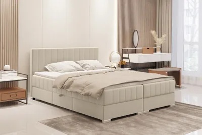 Produktbild von MEBLINI Boxspringbett mit Bettkasten - Gepolstert Doppelbett mit Matratze und Topper - Polsterbett mit Stauraum - Bett mit Kopfteil - Stauraumbett - PIAF - 160x200 - H3B/Beige Samt