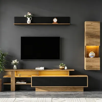 Obrázek produktu pro TV skříňka, 3 díly, s LED osvětlením, skříňka pod televizi, vitrína, závěsná police, pro televize do 80 palců, 3 zásuvky