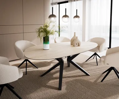 Produktbild von DELIFE Esstisch Edge Oval 220x120 Keramik Laminam®Travertino Bianco Creme-Weiß? Zenthara kantig Metall Schwarz