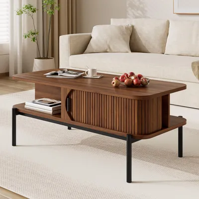 Produktbild von Merax Couchtisch mit Schiebetüren und Metallbeine, Wohnzimmertisch mit Stauraum, Sofatisch mit Rillenstruktur, MDF-Tischplatte, Walnuss