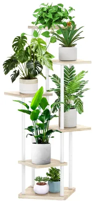 Produktbild von 6-stöckiges Blumenregal aus Holz, Pflanzenregal, mehrstufiger Blumenständer, Blumenbank, Blumenleiter, Pflanzenregal, Stehregal für den Innengarten, Balkondekoration (weiße Eiche)