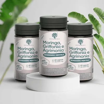 Produktbild von 5 HTP Kapseln Hochdosiert 300mg aus Griffonia - Serotonin-Support - Komplex mit Agrimonia Bachblüte, Vitamin B6 & Moringa - 180 vegane Kapseln