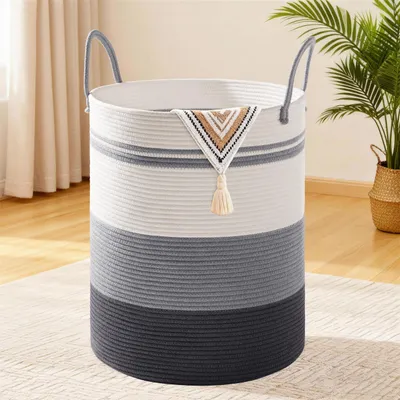 Image de Panier à linge en corde de coton - Grand (45 cm x 55 cm) - Pliable avec poignée