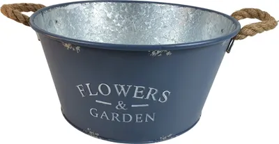 A gray and blue planter with rope handles and the words "Flowers & Garden" printed on it.