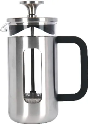 A stainless steel French press coffee maker with a black handle and a glass window.
