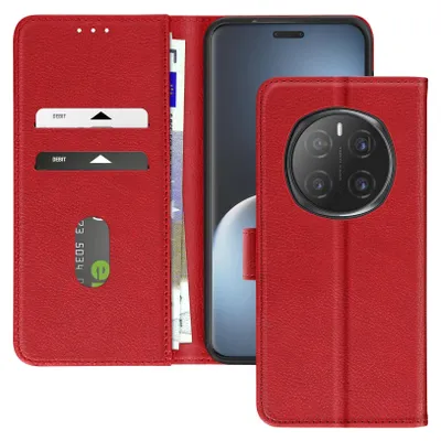 A red flip wallet case for a smartphone is shown open, displaying card slots and a phone inside.
