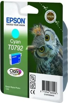 Obrázok produktu pre Epson Owl Inkoustová Cyan T0792 Claria Photographic Ink, Low Yield, Azúrová, 11,1 ml, 1 kusov, Balenie po jednom kuse
