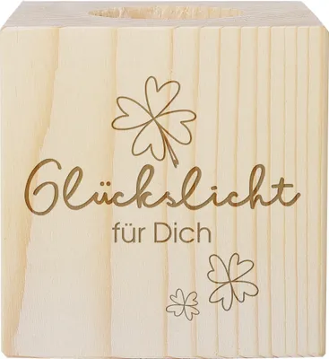 Produktbild von Teelichhalter aus Holz mit Gravur "Glückslicht für Dich"