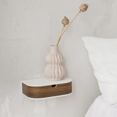 Produktbild von Kleine Hängendes Wandregal mit Schublade, abgerundete Ecken Design, Weiß, Walnuss / Nussbaum