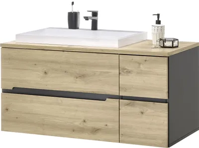 Produktbild von Waschbeckenunterschrank >Memphis< Grau / Artisan Eiche Nachbildung - 110x54x53cm (BxHxT)