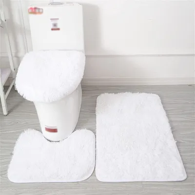 Produktbild von Badteppich Set 3 Teiliges, rutschfeste Shaggy Badematte, Flauschig Contour Badteppich, Langflor Toilettensitzbezug Weiß