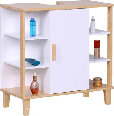 Produktbild von Relaxdays Waschbeckenunterschrank Tür, 6 Ablagen HBT: 65x64x31 cm, Bambus & MDF, Badunterschrank Waschbecken, weiß/natur